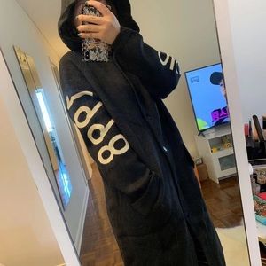 Black Hooded Long Jacket with White Lettering